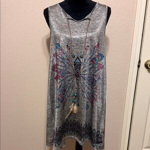 Gray Sleeveless Tribal Butterfly Print Tunic Dress Attached Necklace